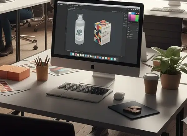 Computer screen displaying packaging design in an office setting